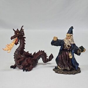 Vintage Fantasy Wizard and Fire Breathing Dragon Figurine Set Mythical Decor